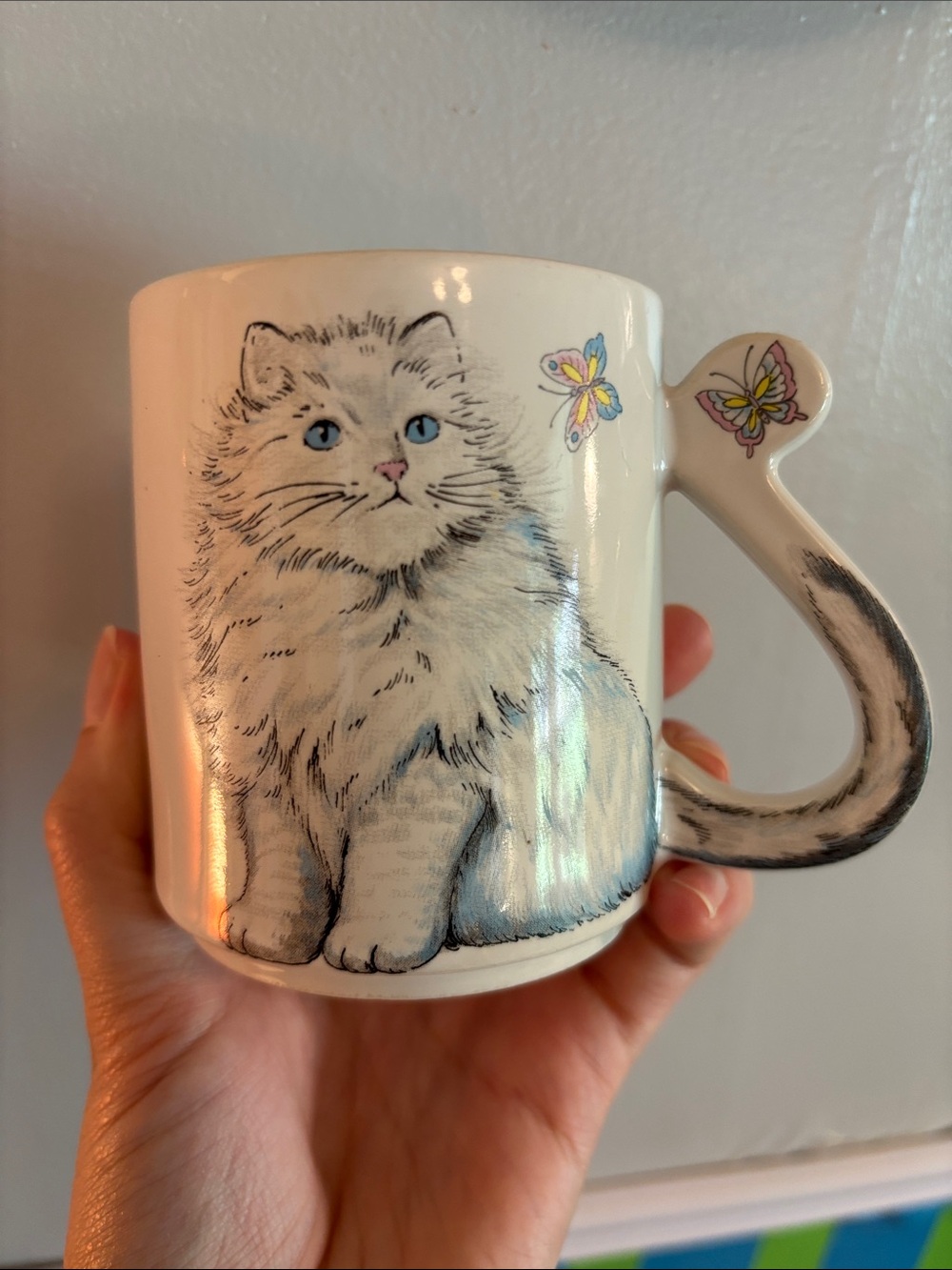 Vintage Cat Butterfly Ceramic Coffee Mug Tail Handle Japan
